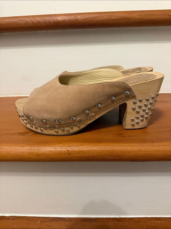 Free People Shoes - Free People Tan Suede Studded Clog Heels